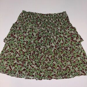 Anthropologie tiered brown, green floral ruched waist mini skirt sz XS Petite‎